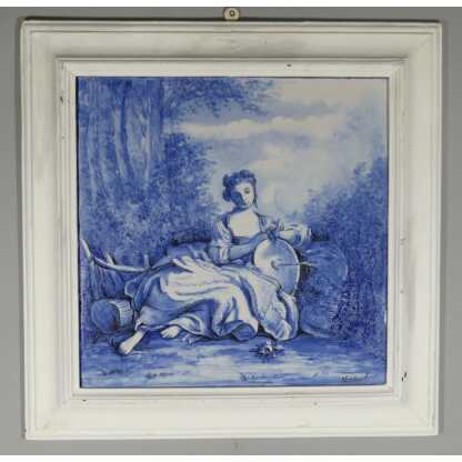 Tableau En Céramique Bleue Et Blanche d'Après Boucher Dans Le Goût De Delt Ou Azulejos