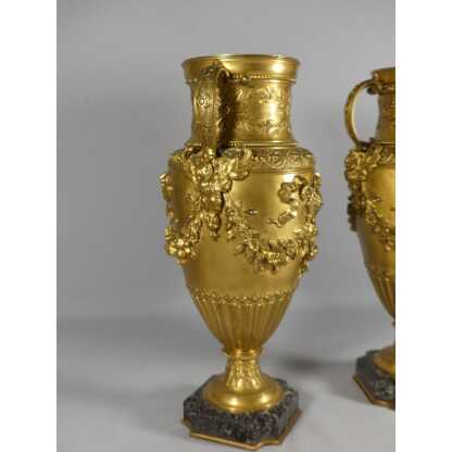 Barbedienne, Paire De Vases Cassolettes En Bronze Doré Ciselé Aux Fleurs, XIX ème – Image 5