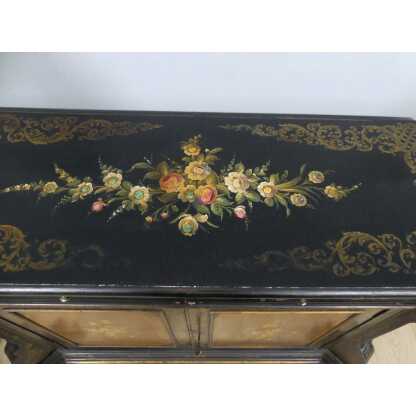 Meuble d'Appui, Buffet Napoléon III Peint De Fleurs Sur Fond Noir Et Doré, époque XIX ème – Image 9