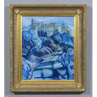 Village De Carros Par Thierry Grenier, Huile Sur Toile Dans Les Tons De Bleu