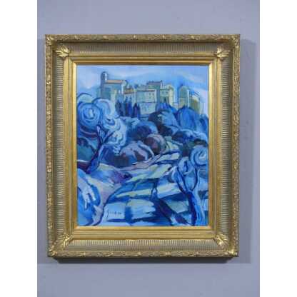 Village De Carros Par Thierry Grenier, Huile Sur Toile Dans Les Tons De Bleu – Image 2