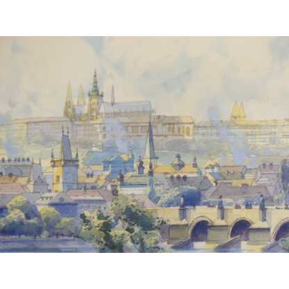 Prague, Pont St Charles Et Le Château, Aquarelle Par Oskar Schmidt – Image 8
