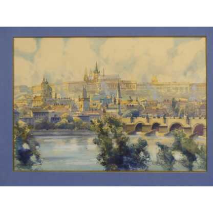 Prague, Pont St Charles Et Le Château, Aquarelle Par Oskar Schmidt – Image 2