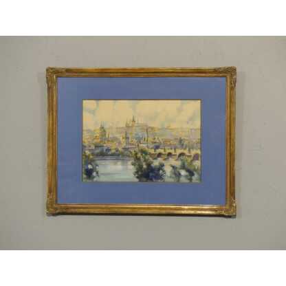 Prague, Pont St Charles Et Le Château, Aquarelle Par Oskar Schmidt – Image 3