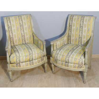 Paire De Bergères Directoire En Bois Laqué Gris, époque XVIII ème Siècle