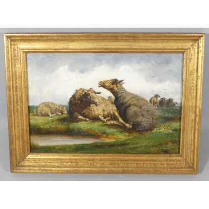 Les Moutons, Petit Tableau Peint à l'Huile Sur Bois, époque Début XX ème