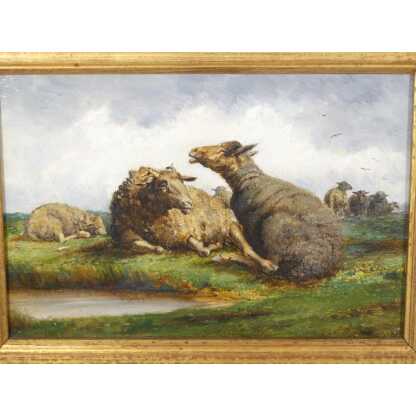 Les Moutons, Petit Tableau Peint à l'Huile Sur Bois, époque Début XX ème – Image 2