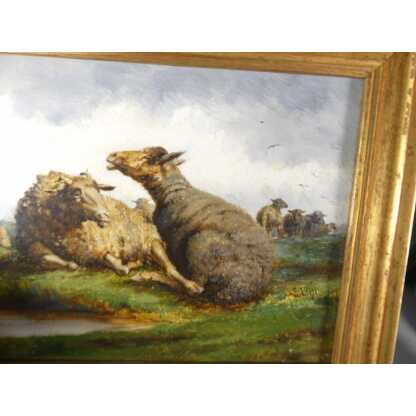 Les Moutons, Petit Tableau Peint à l'Huile Sur Bois, époque Début XX ème – Image 5