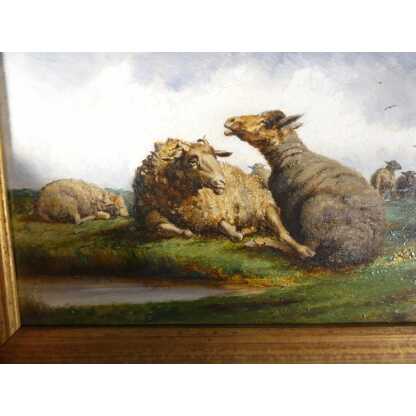 Les Moutons, Petit Tableau Peint à l'Huile Sur Bois, époque Début XX ème – Image 4