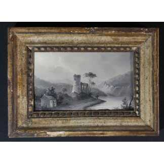 Etude En Grisaille d'Après Pillement, Tableau Paysage Huile Sur Carton, époque XIX ème