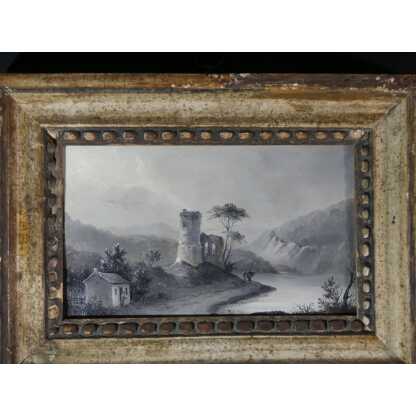Etude En Grisaille d'Après Pillement, Tableau Paysage Huile Sur Carton, époque XIX ème – Image 2