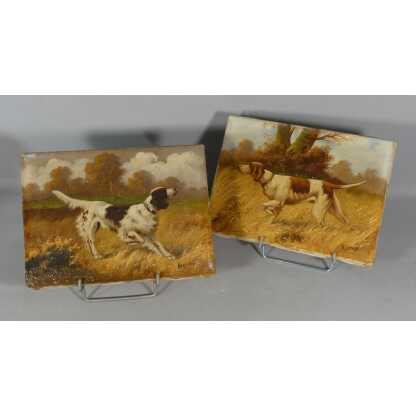 Les Chiens De Chasse, Paire De Tableaux Peints à l'Huile, Signés Lartigau