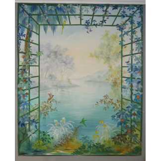 265*217 Cm, Grande Toile Peinte Décorative Treillage Et Fleurs G De Vandeuvre 2ème d'Une Paire