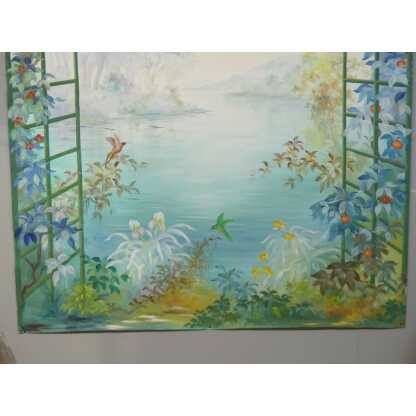 265*217 Cm, Grande Toile Peinte Décorative Treillage Et Fleurs G De Vandeuvre 2ème d'Une Paire – Image 2
