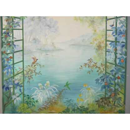 265*217 Cm, Grande Toile Peinte Décorative Treillage Et Fleurs G De Vandeuvre 2ème d'Une Paire – Image 5