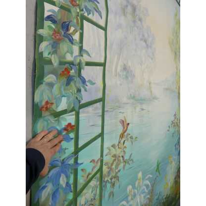 265*217 Cm, Grande Toile Peinte Décorative Treillage Et Fleurs G De Vandeuvre 2ème d'Une Paire – Image 9