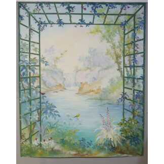 265*217 Cm, Grande Toile Peinte Décorative Treillage Et Fleurs G De Vandeuvre 1ère d'Une Paire