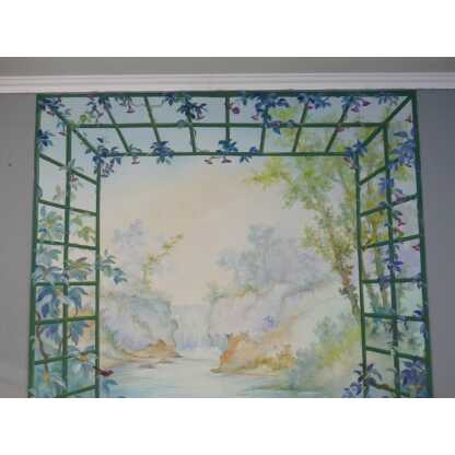 265*217 Cm, Grande Toile Peinte Décorative Treillage Et Fleurs G De Vandeuvre 1ère d'Une Paire – Image 2
