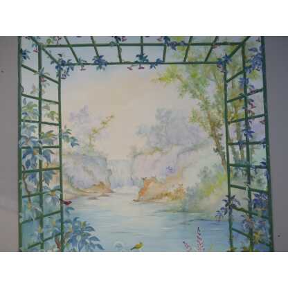 265*217 Cm, Grande Toile Peinte Décorative Treillage Et Fleurs G De Vandeuvre 1ère d'Une Paire – Image 6
