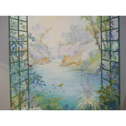265*217 Cm, Grande Toile Peinte Décorative Treillage Et Fleurs G De Vandeuvre 1ère d'Une Paire – Image 15