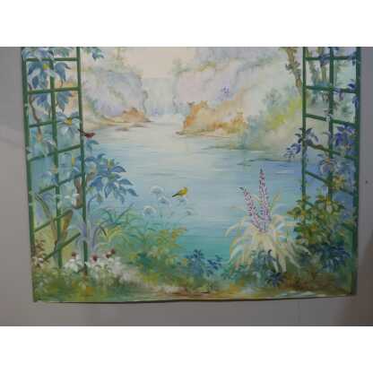 265*217 Cm, Grande Toile Peinte Décorative Treillage Et Fleurs G De Vandeuvre 1ère d'Une Paire – Image 3