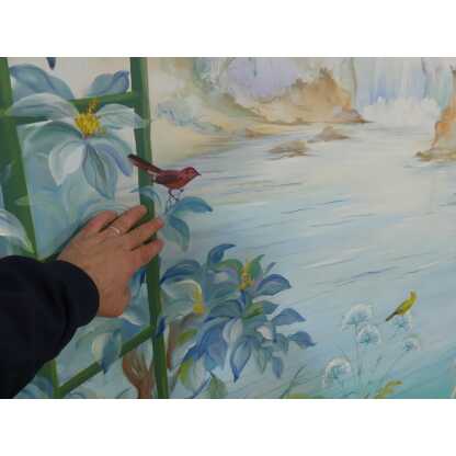 265*217 Cm, Grande Toile Peinte Décorative Treillage Et Fleurs G De Vandeuvre 1ère d'Une Paire – Image 4