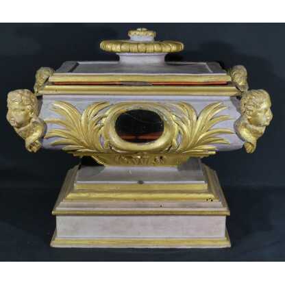Grand Coffret Reliquaire De Style Louis XVI Aux Angelots En Bois Laqué Doré Possibilité Paire