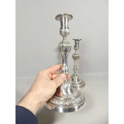 Paire De Bougeoirs Flambeaux Louis XVI En Bronze Argenté époque XVIII ème – Image 3