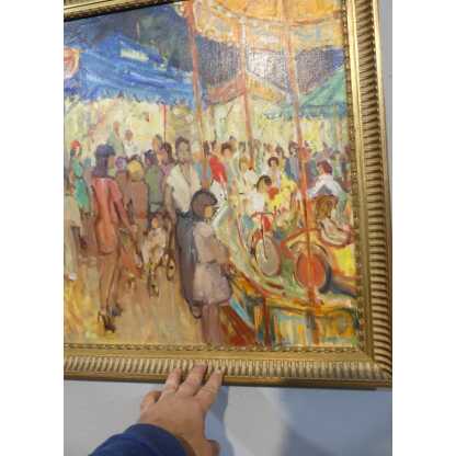 Maurice Montet, La Fête Foraine Tableau Huile Sur Toile Vers 1960 – Image 3