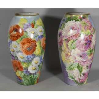 Les Fleurs, Roses, Pavots, Reine-marguerites, Paire De Vases En Porcelaine Peints Main Limoges