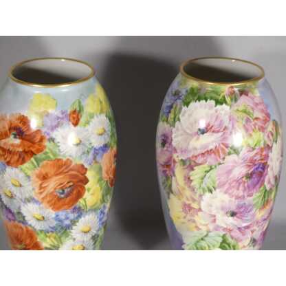 Les Fleurs, Roses, Pavots, Reine-marguerites, Paire De Vases En Porcelaine Peints Main Limoges – Image 2