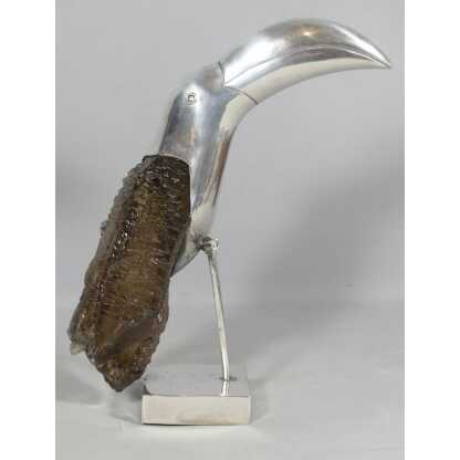 Toucan en argent massif et quartz fumé, Brésil Design 1960 Grupo Gal