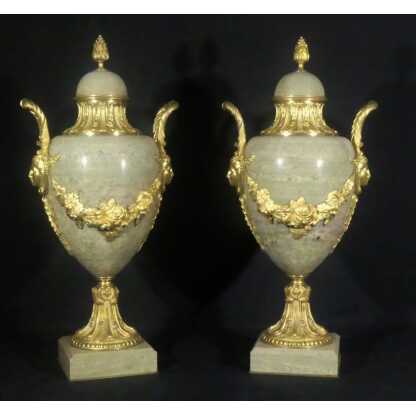 55 Cm, Paire De Cassolettes Style Louis XVI Marbre Vert Campan Et Bronze Doré, Napoléon III – Image 9