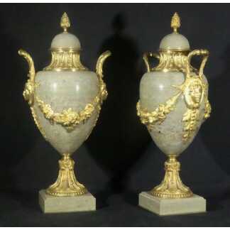 55 Cm, Paire De Cassolettes Style Louis XVI Marbre Vert Campan Et Bronze Doré, Napoléon III