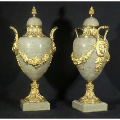55 Cm, Paire De Cassolettes Style Louis XVI Marbre Vert Campan Et Bronze Doré, Napoléon III