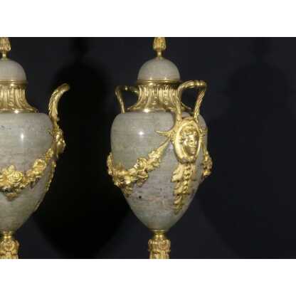 55 Cm, Paire De Cassolettes Style Louis XVI Marbre Vert Campan Et Bronze Doré, Napoléon III – Image 8