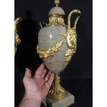 55 Cm, Paire De Cassolettes Style Louis XVI Marbre Vert Campan Et Bronze Doré, Napoléon III – Image 7