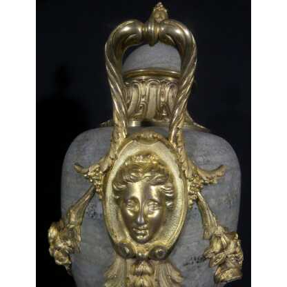 55 Cm, Paire De Cassolettes Style Louis XVI Marbre Vert Campan Et Bronze Doré, Napoléon III – Image 3