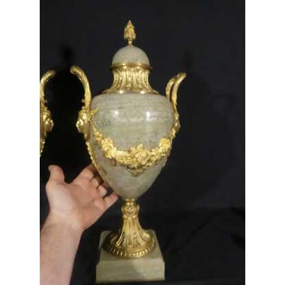 55 Cm, Paire De Cassolettes Style Louis XVI Marbre Vert Campan Et Bronze Doré, Napoléon III – Image 2