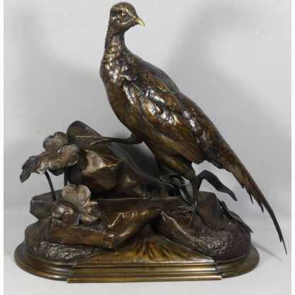 Jules Moigniez, Grand Bronze Animalier La Poule Faisane, Faisan, XIX ème