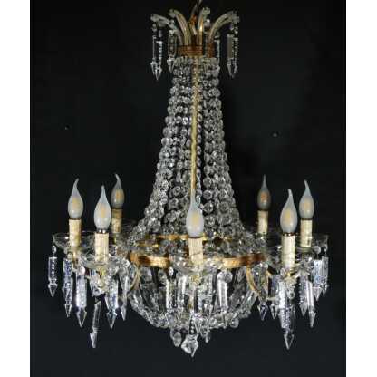Lustre corbeille montgolfière en laiton, verre et cristal 12 feux, époque milieu XX ème