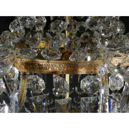 Lustre corbeille montgolfière en laiton, verre et cristal 12 feux, époque milieu XX ème – Image 12