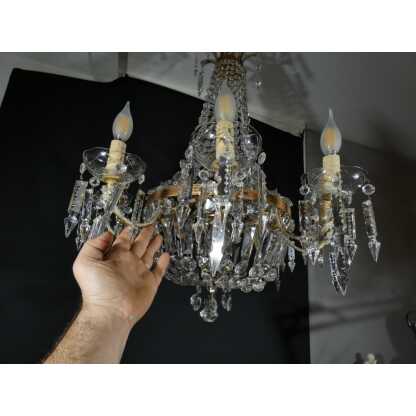 Lustre corbeille montgolfière en laiton, verre et cristal 12 feux, époque milieu XX ème – Image 3