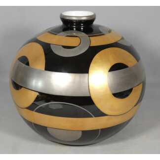 Vase boule Art Déco, décor géométrique or et platine sur fond noir, porcelaine de Limoges