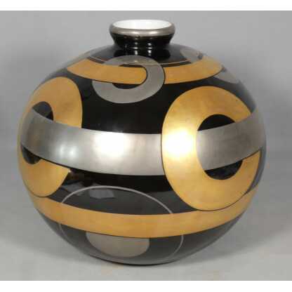 Vase boule Art Déco, décor géométrique or et platine sur fond noir, porcelaine de Limoges