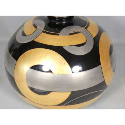 Vase boule Art Déco, décor géométrique or et platine sur fond noir, porcelaine de Limoges – Image 6