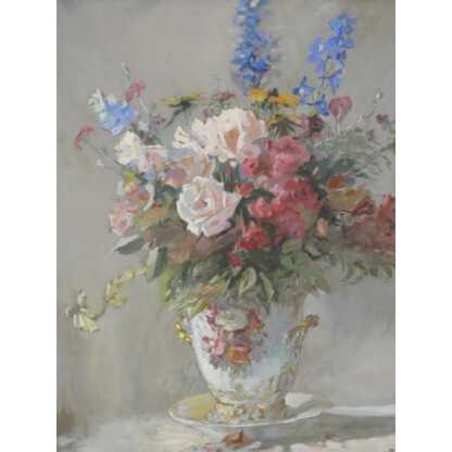 Bouquet de fleurs dans vase en porcelaine, nature morte à la gouache signée H Dame – Image 3