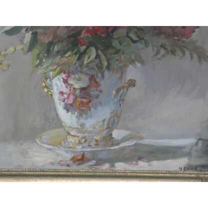 Bouquet de fleurs dans vase en porcelaine, nature morte à la gouache signée H Dame – Image 10