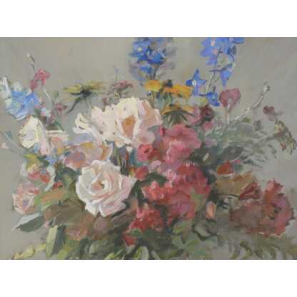 Bouquet de fleurs dans vase en porcelaine, nature morte à la gouache signée H Dame – Image 5