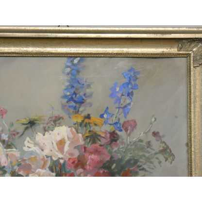 Bouquet de fleurs dans vase en porcelaine, nature morte à la gouache signée H Dame – Image 6